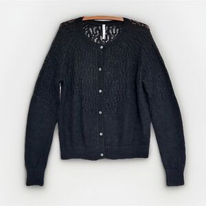 PAPER LABEL Black Wool Nylon Mohair Wool Cardigan Sweater Lace Knit Sz M